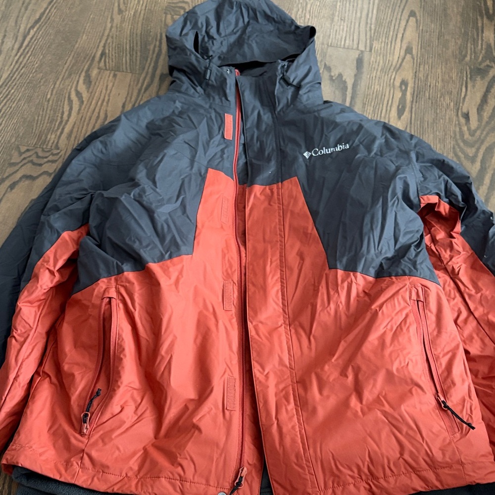 Columbia Two-Tone Hooded Jacket in Red and Gray with fleece jacket under